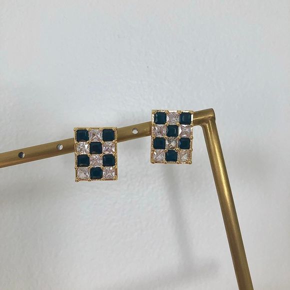 18K Gold Plated Black White Checkerboard Diamond CZ Pave Earrings - Picture 2 of 4